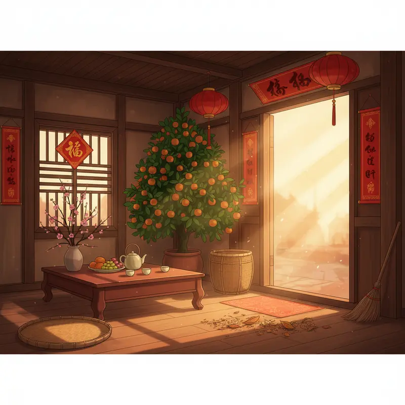 Không gian gia đình Việt trang hoàng ngày Tết, bình yên và không có cảnh quét dọn.