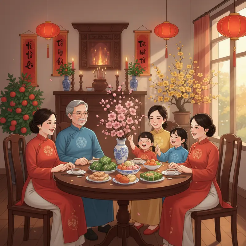 Gia đình Việt sum vầy bên mâm cỗ Tết, tạo nên sự gắn kết thiêng liêng.