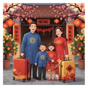 Gia đình Việt Nam đứng cạnh vali và túi du lịch, sẵn sàng bước vào kỳ nghỉ Tết bên nhau.