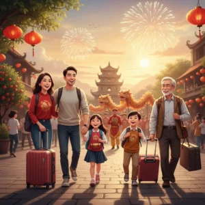 Gia đình gồm ông bà, bố mẹ và trẻ em, cùng hành lý du lịch, tại điểm tham quan với không khí Tết đặc trưng.