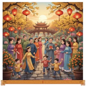 Gia đình Việt Nam du lịch ngày Tết, hòa mình vào khung cảnh rực rỡ và ấm áp của lễ hội mùa xuân.