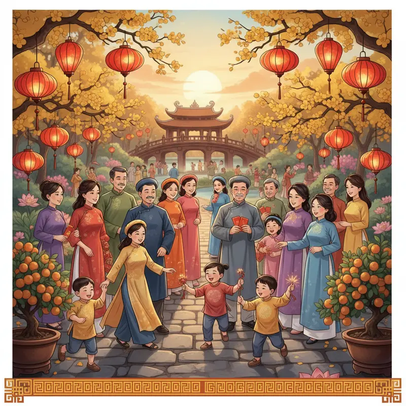 Gia đình Việt Nam du lịch ngày Tết, hòa mình vào khung cảnh rực rỡ và ấm áp của lễ hội mùa xuân.