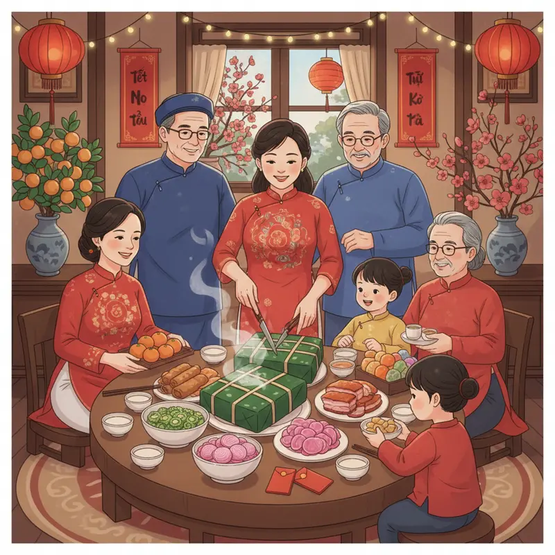 Gia đình Việt dâng hương trên bàn thờ tổ tiên, chuẩn bị mâm cỗ ngày Tết.