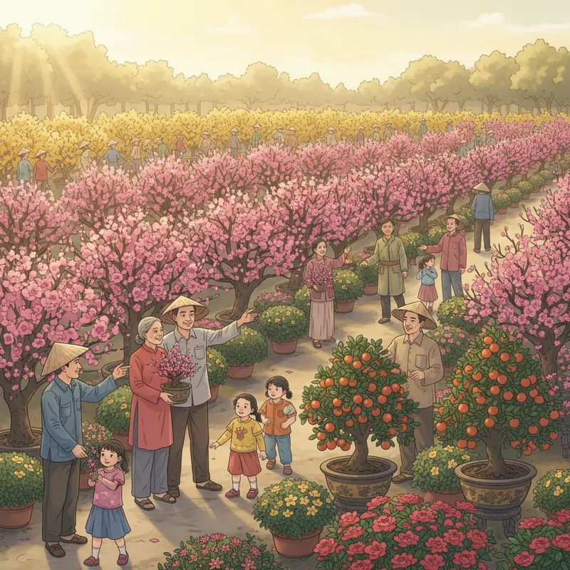 Chợ hoa Tết nhộn nhịp với nhiều loại hoa đặc trưng và khách hàng lựa chọn.