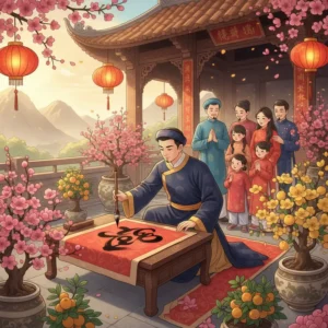 Quang cảnh lễ hội Xuân với ông đồ đang viết thư pháp, gia đình và trẻ nhỏ ngắm nhìn trong không khí ấm áp.