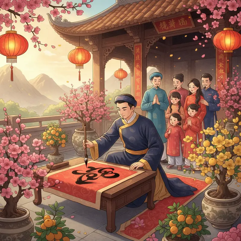 Quang cảnh lễ hội Xuân với ông đồ đang viết thư pháp, gia đình và trẻ nhỏ ngắm nhìn trong không khí ấm áp.