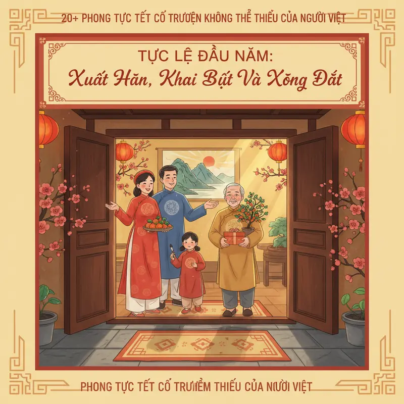 Gia đình sum họp bên bàn thờ tổ tiên, không khí Tết ấm cúng.