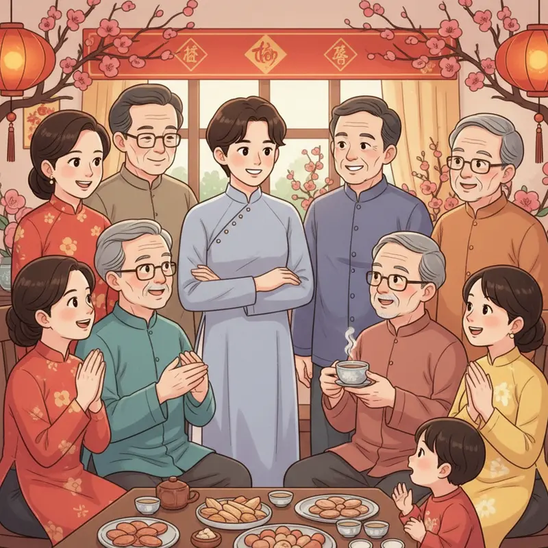 Gia đình nhiều thế hệ chuẩn bị sum họp Tết, tỏa sáng niềm vui và cởi mở.