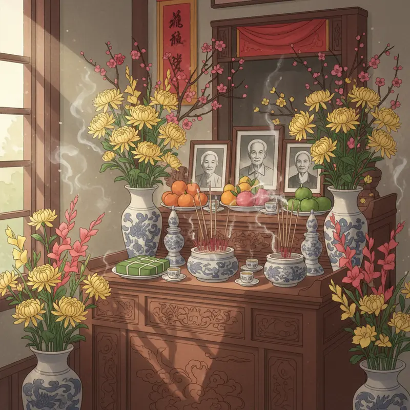 Bàn thờ tổ tiên được trang trí hoa tươi ngày Tết