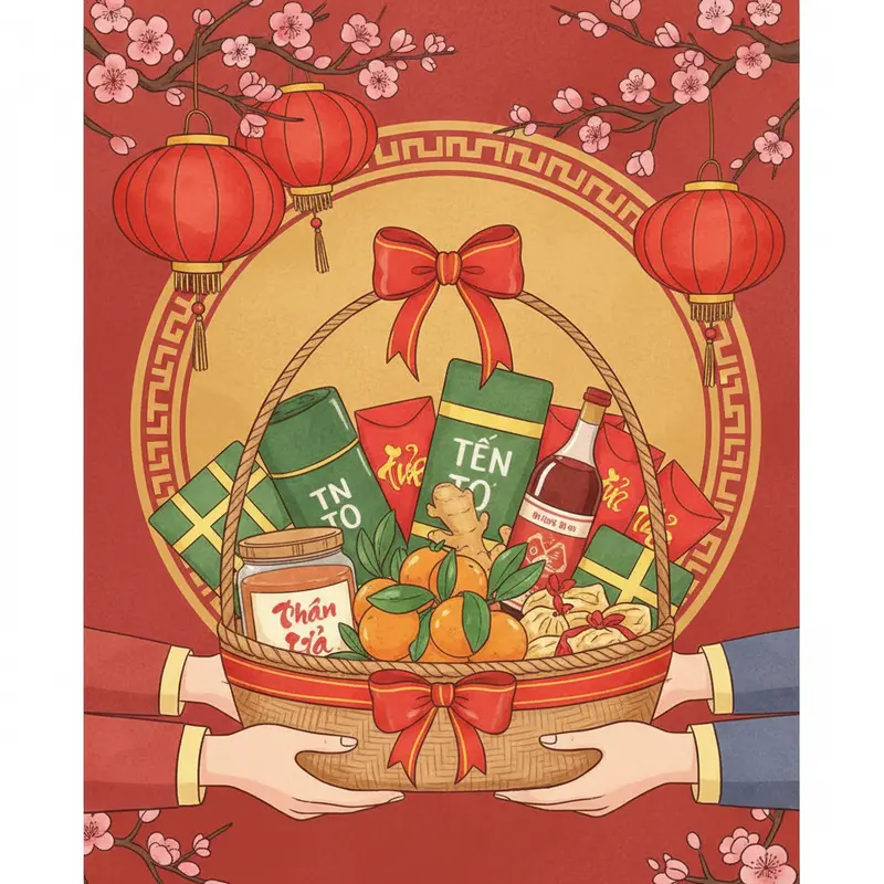 Quá trình chuẩn bị giỏ quà Tết truyền thống trong gia đình Việt.