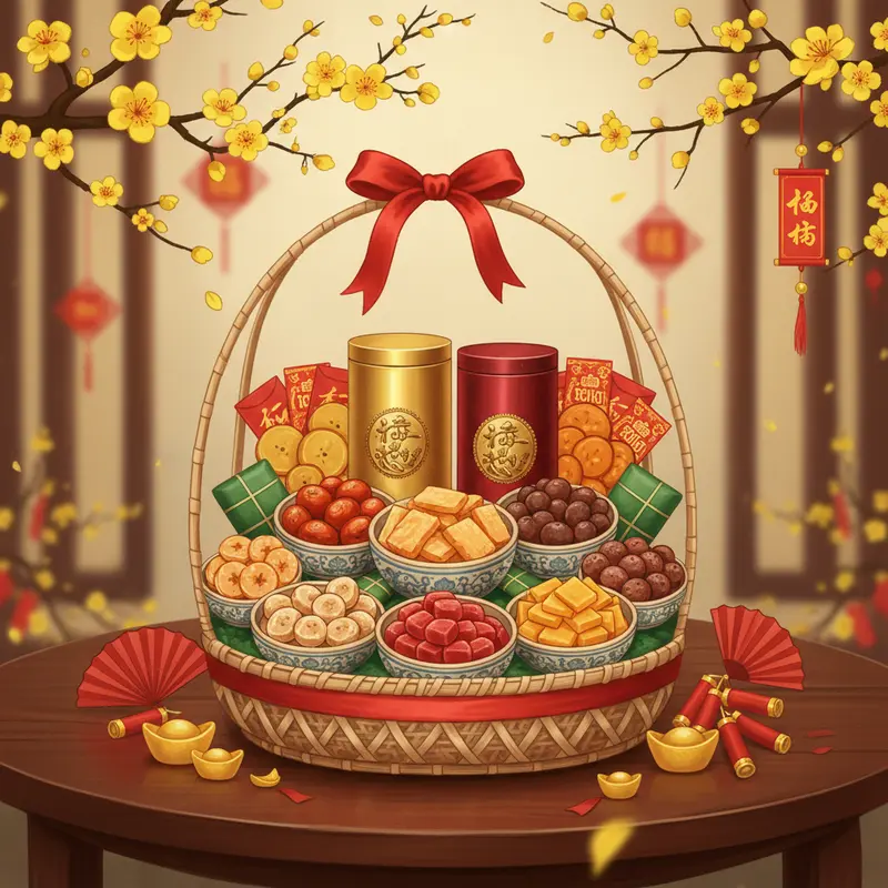 Giỏ quà Tết truyền thống đa dạng, mang ý nghĩa sum vầy và may mắn.