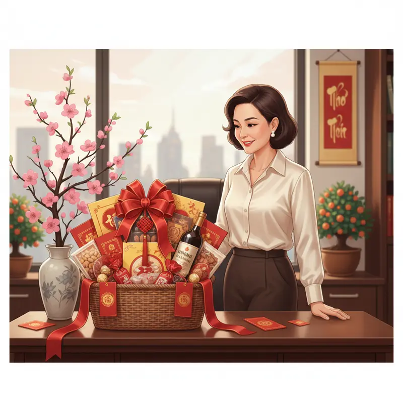 Giỏ quà Tết sang trọng trên bàn làm việc của sếp nữ, tạo không khí ấm áp ngày đầu xuân.