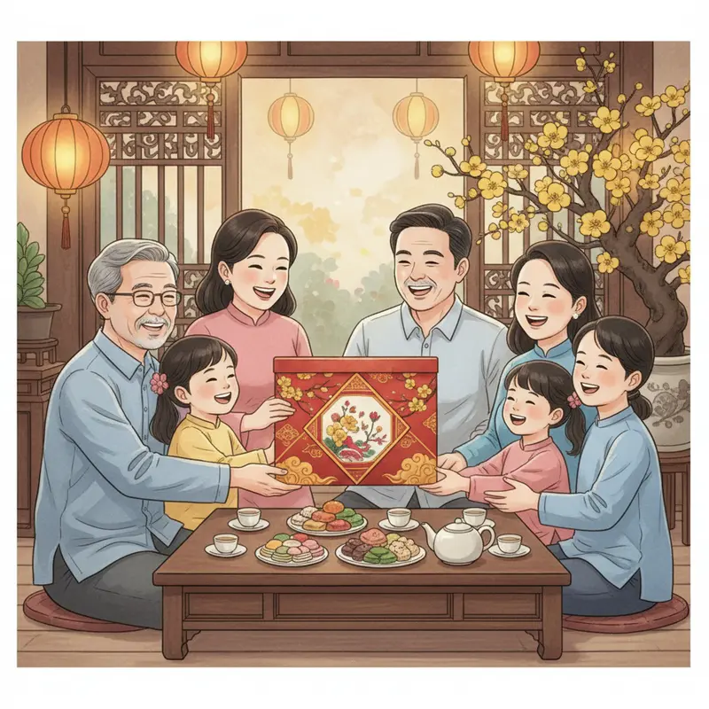 Gia đình cùng trao tặng hộp quà Tết truyền thống, thể hiện sự sum họp và kính trọng.