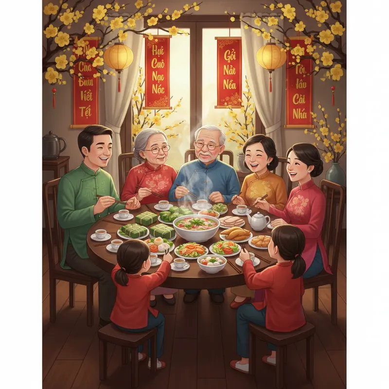 Mâm cỗ Tết là biểu tượng của sự sum vầy và lòng biết ơn tổ tiên.