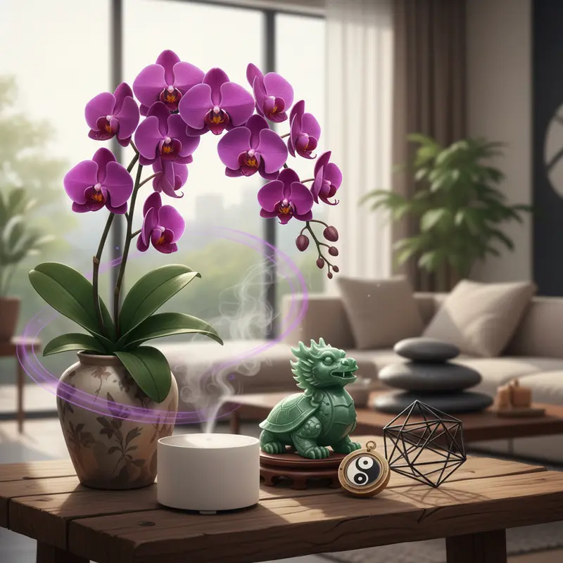 Cận cảnh lan hồ điệp tím trong không gian nội thất hiện đại.