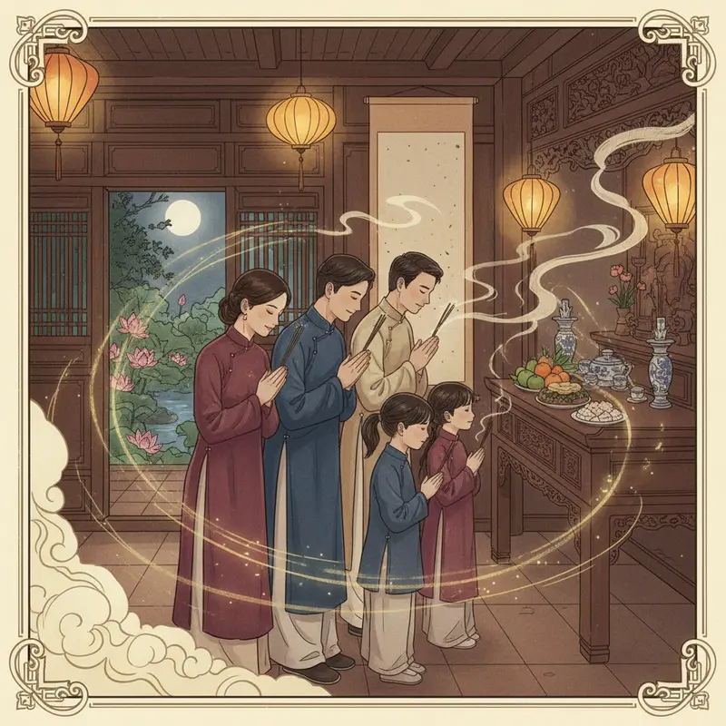 Ban thờ truyền thống với hình tượng Ông Táo và mâm cúng Tất Niên trong không gian ấm áp.