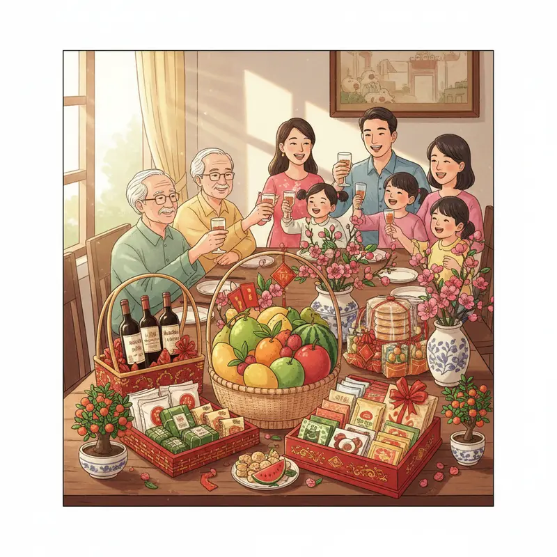 Bàn tiệc ngày Tết rực rỡ với nhiều giỏ quà đặc sắc thể hiện ý nghĩa truyền thống.