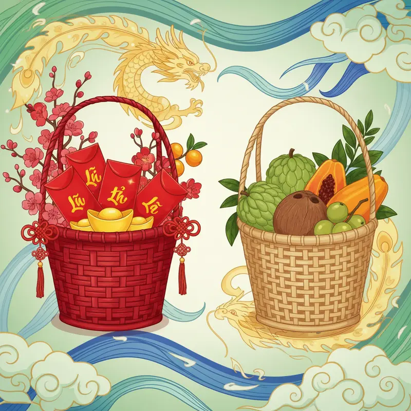 Giỏ quà Tết truyền thống với nhiều loại quà đặc trưng, biểu tượng của sự đoàn viên.