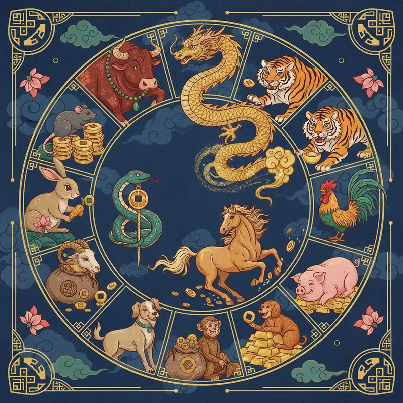 Hình ảnh 12 con giáp hòa hợp biểu trưng cho sự luân chuyển vận mệnh.