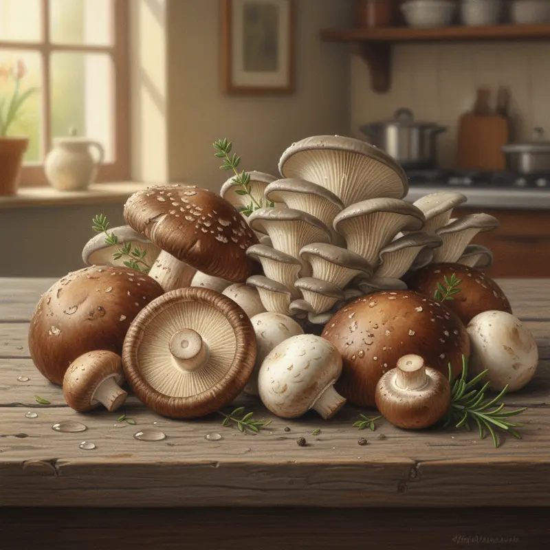 Hình ảnh các loại nấm tươi khác nhau với màu sắc và hình dạng đặc trưng.