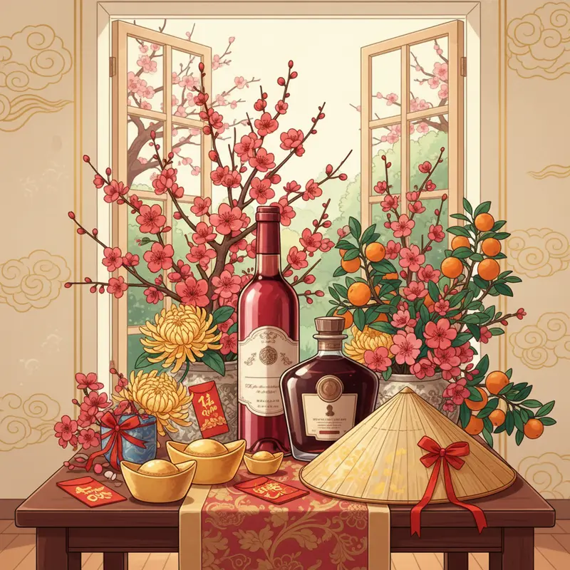 Bàn quà Tết sang trọng với rượu vang đỏ, rượu mạnh và hoa xuân.