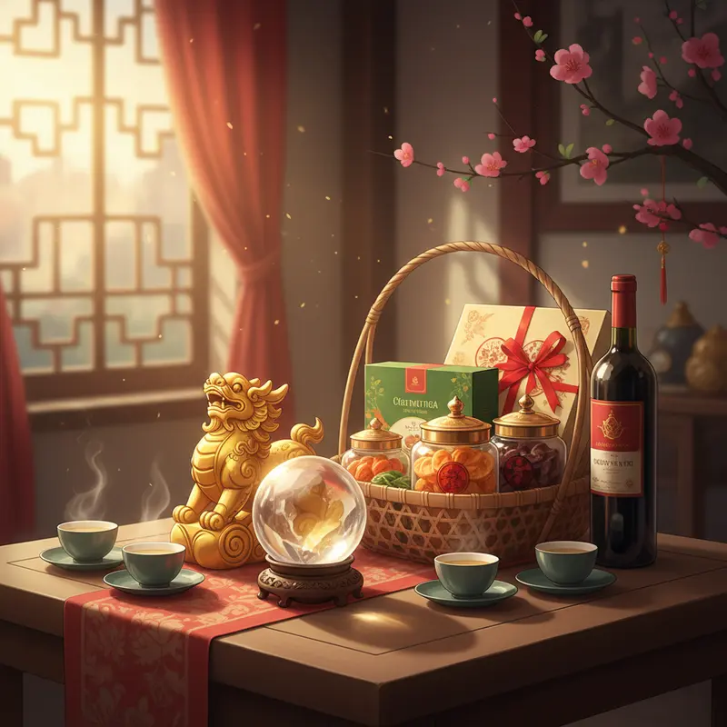 Bàn trà bày vật phẩm phong thủy cùng quà Tết truyền thống.