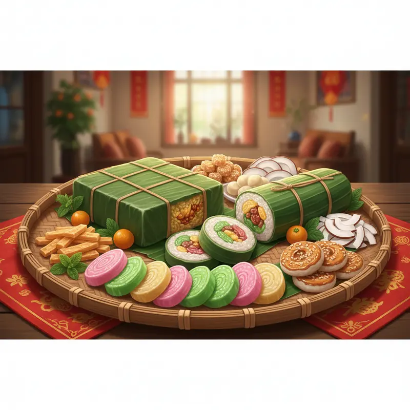 Không gian sum họp ngày Tết với thức uống, tráng miệng truyền thống.