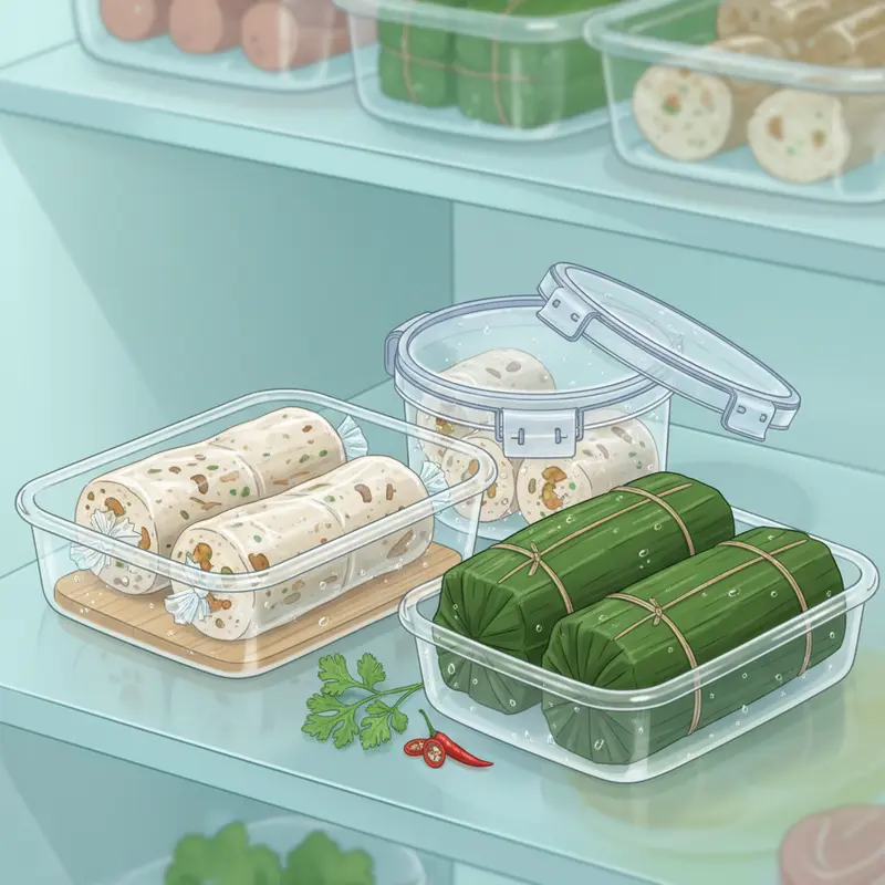 Các loại giò chay đa dạng, bày trên lá chuối với màu sắc hấp dẫn.