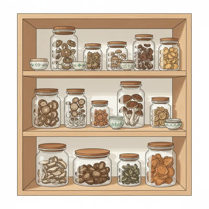 Các loại nấm sấy khô phổ biến với màu sắc tự nhiên.