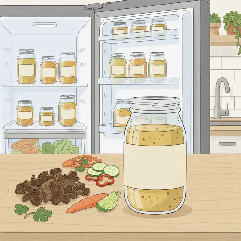 Bát nước trộn gỏi chay trong veo, màu sắc hài hòa cùng nấm tai mèo và rau củ.