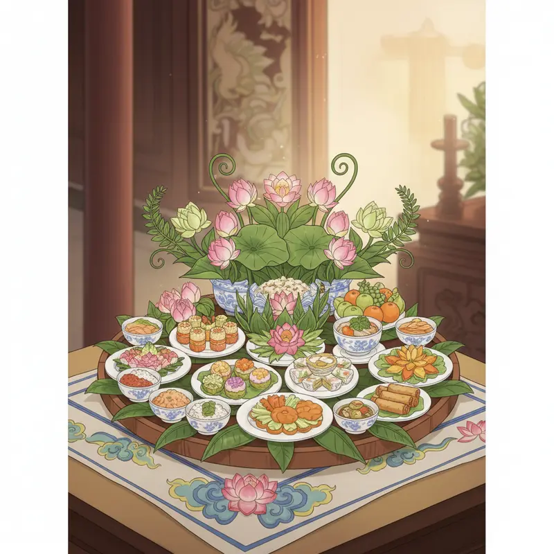 Mâm cúng chay thể hiện sự thanh tịnh và trang nghiêm.