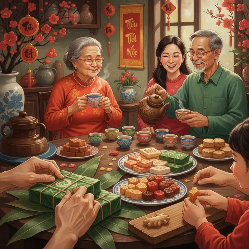 Không gian sum họp ngày Tết với thức uống, tráng miệng truyền thống.