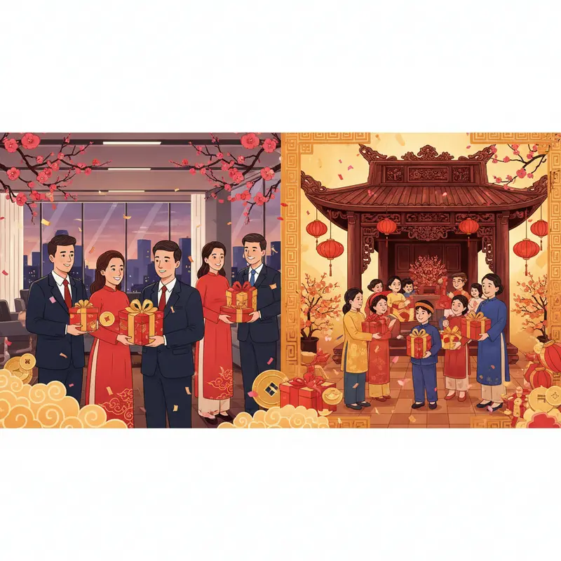 Bày trí Tết truyền thống với hộp quà màu đỏ và vàng nổi bật.