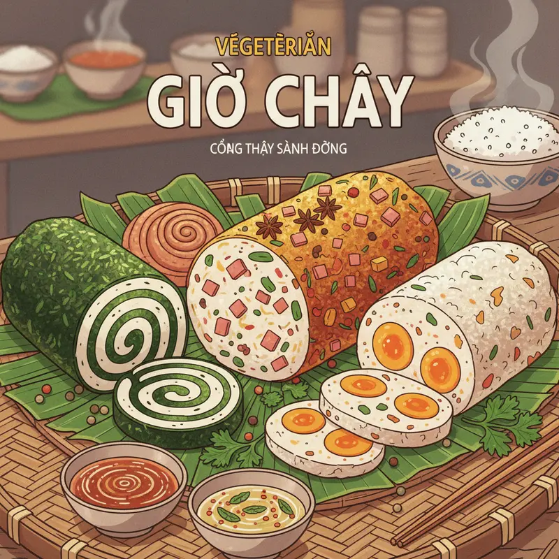 Các loại giò chay đa dạng, bày trên lá chuối với màu sắc hấp dẫn.