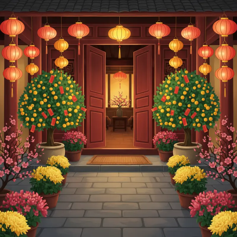 Phòng khách truyền thống Việt Nam đầy sắc xuân, bố trí hài hòa chuẩn phong thủy.