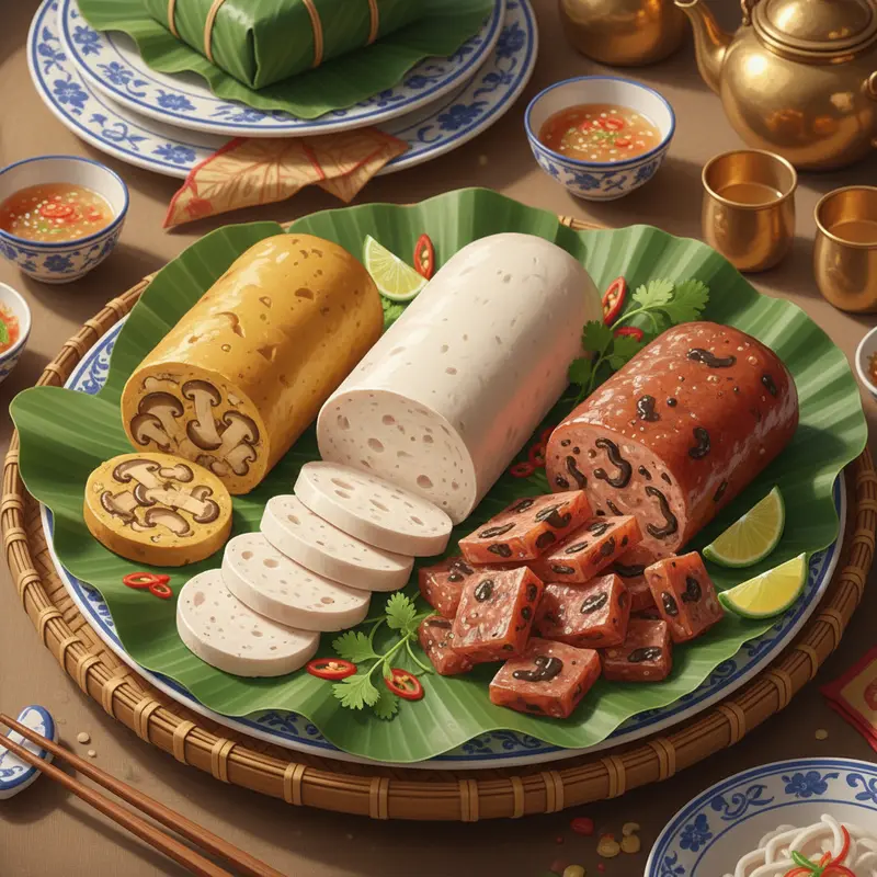Các loại giò chay đa dạng, bày trên lá chuối với màu sắc hấp dẫn.