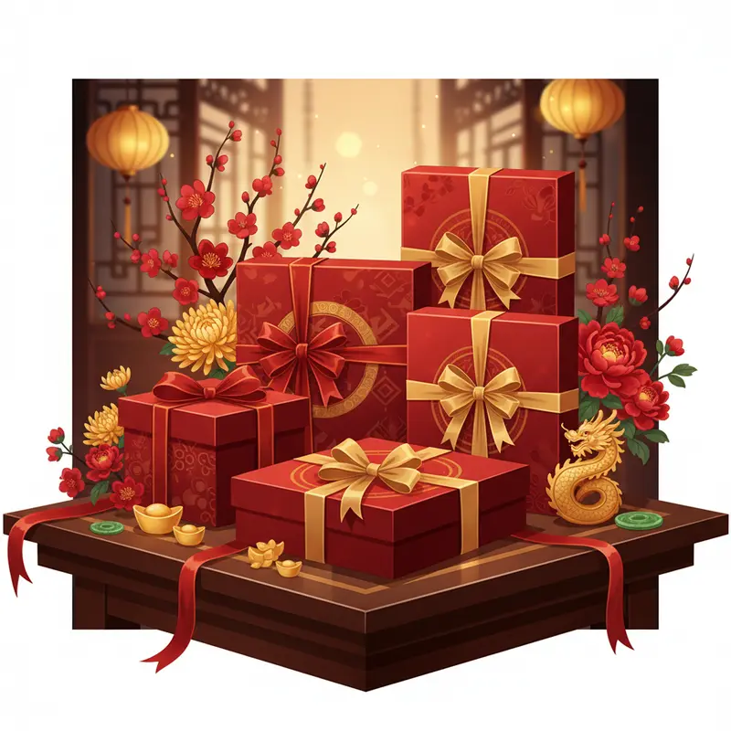 Bày trí Tết truyền thống với hộp quà màu đỏ và vàng nổi bật.