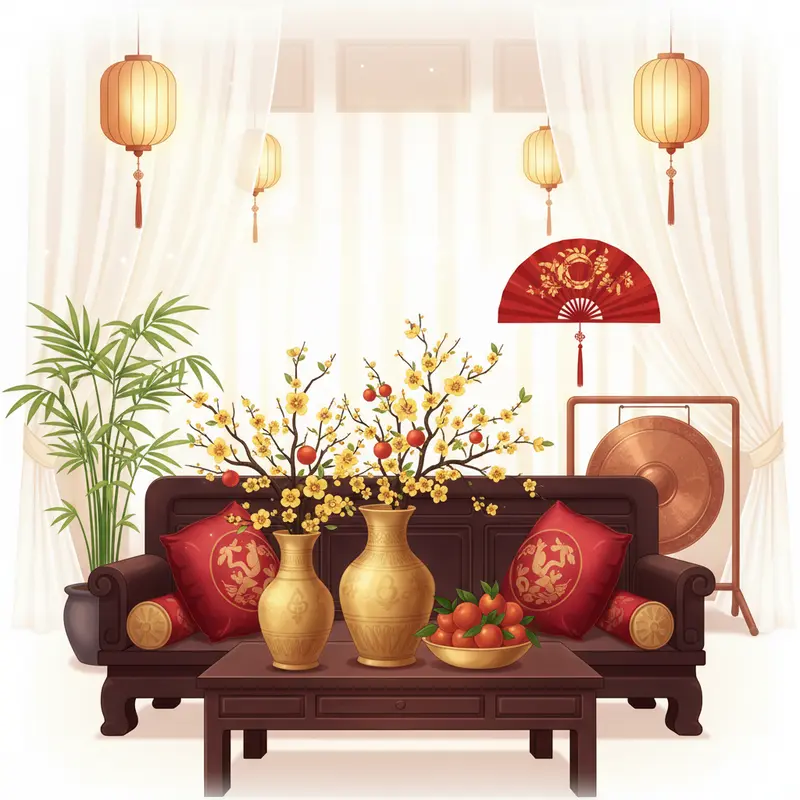 Không gian phòng khách ngày Tết rực rỡ với sắc đỏ, vàng và xanh lục hài hòa.