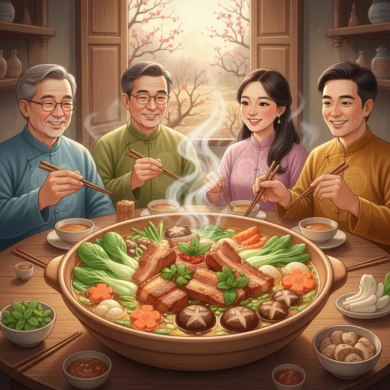 Khung cảnh làng quê miền Trung đón Tết với mái ngói cổ kính, người dân quây quần chuẩn bị món ăn truyền thống.