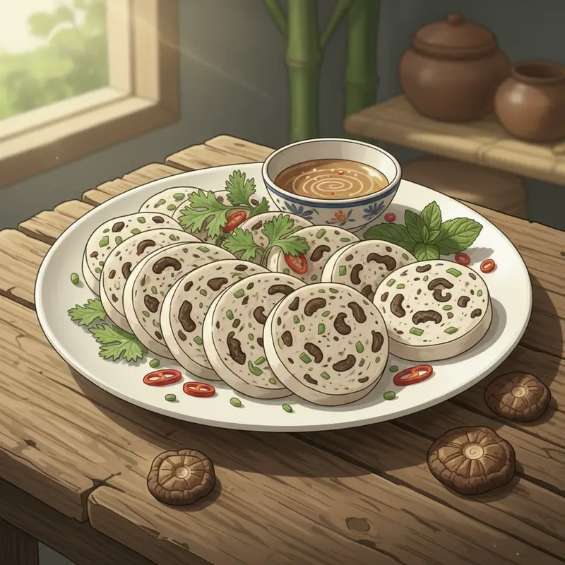 Món chả lụa nấm hương chay thơm hấp dẫn, trình bày đẹp mắt.