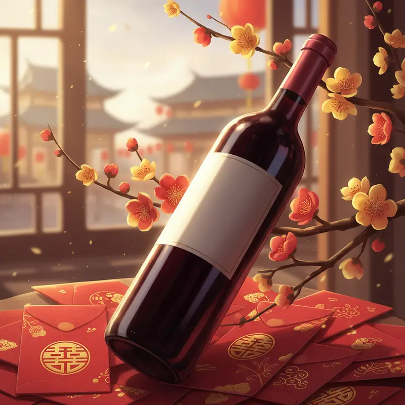 Bàn quà Tết sang trọng với rượu vang đỏ, rượu mạnh và hoa xuân.