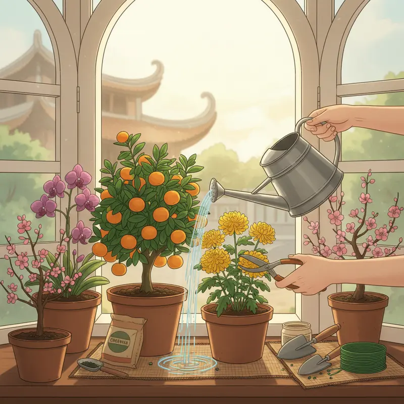 Không gian phòng khách hài hòa cây cảnh, hoa Tết hợp phong thủy.