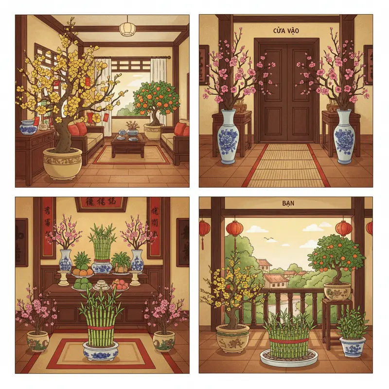 Không gian phòng khách hài hòa cây cảnh, hoa Tết hợp phong thủy.