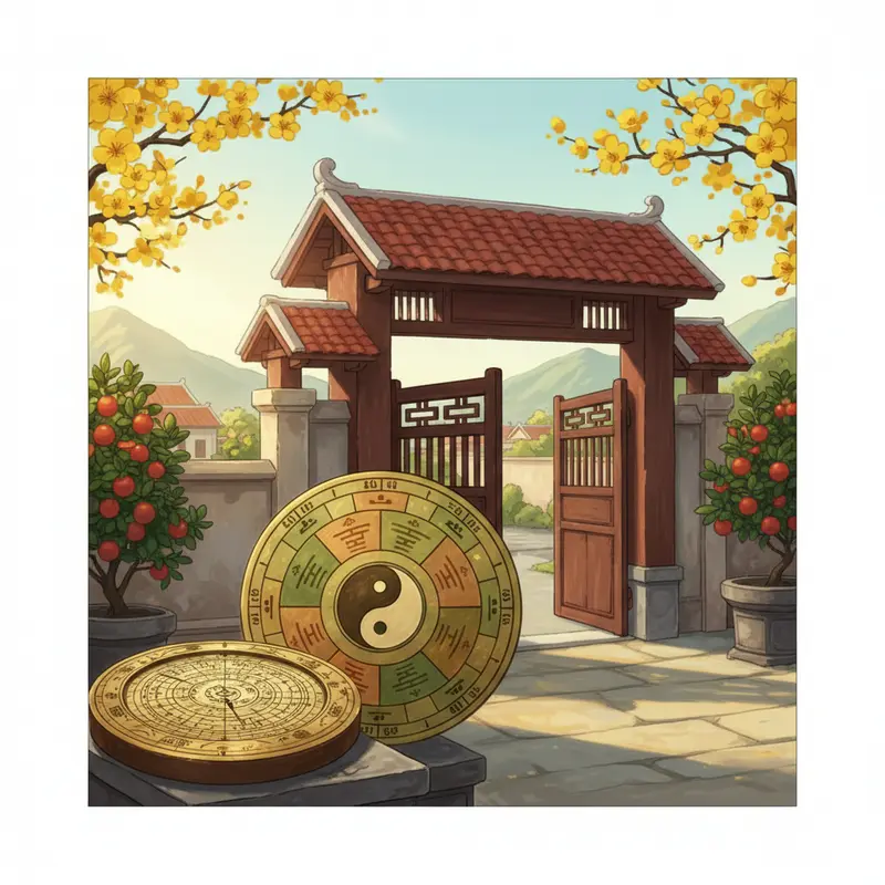 Cổng và cửa nhà được trang trí rực rỡ, biểu tượng cho phong thủy ngày Tết.