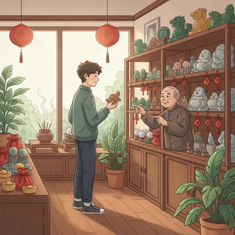 Bàn trà bày vật phẩm phong thủy cùng quà Tết truyền thống.