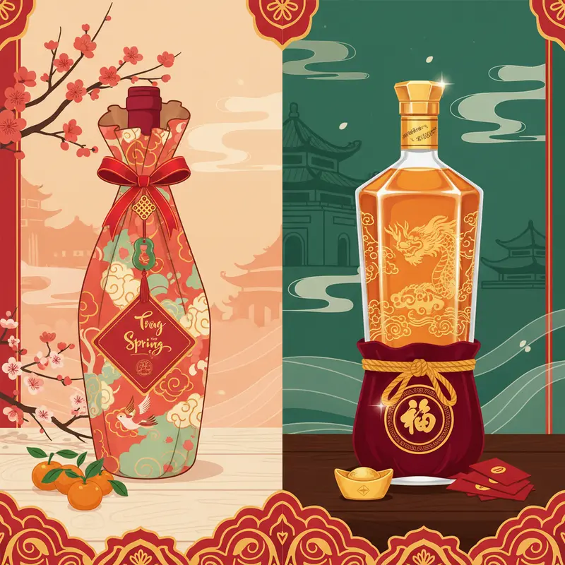 Bàn quà Tết sang trọng với rượu vang đỏ, rượu mạnh và hoa xuân.