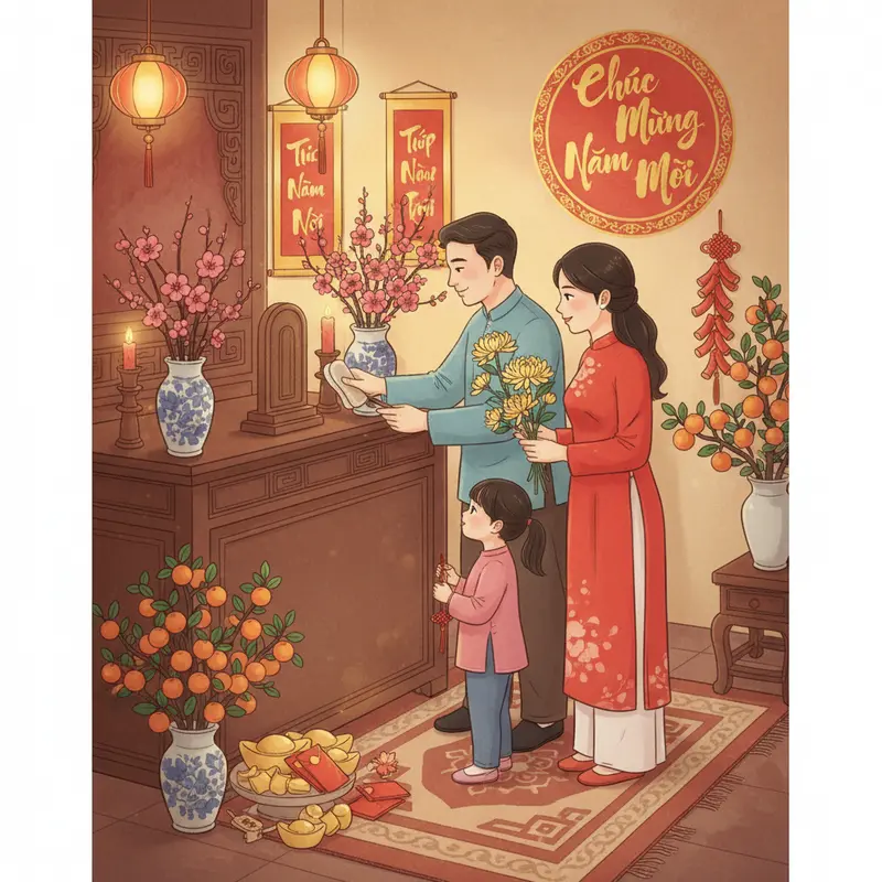 Bàn thờ gia tiên ngày Tết với hoa quả và trang trí đậm nét truyền thống.