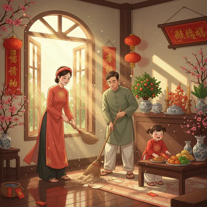 Không gian phòng khách trang trí phong thủy chào đón Tết Nguyên Đán.