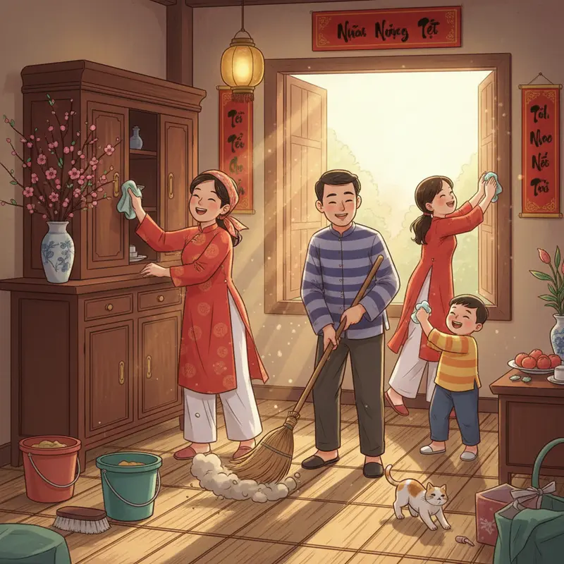 Phòng khách truyền thống Việt Nam đầy sắc xuân, bố trí hài hòa chuẩn phong thủy.