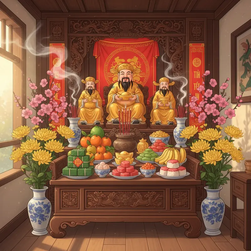 Không gian phòng khách trang trí phong thủy chào đón Tết Nguyên Đán.